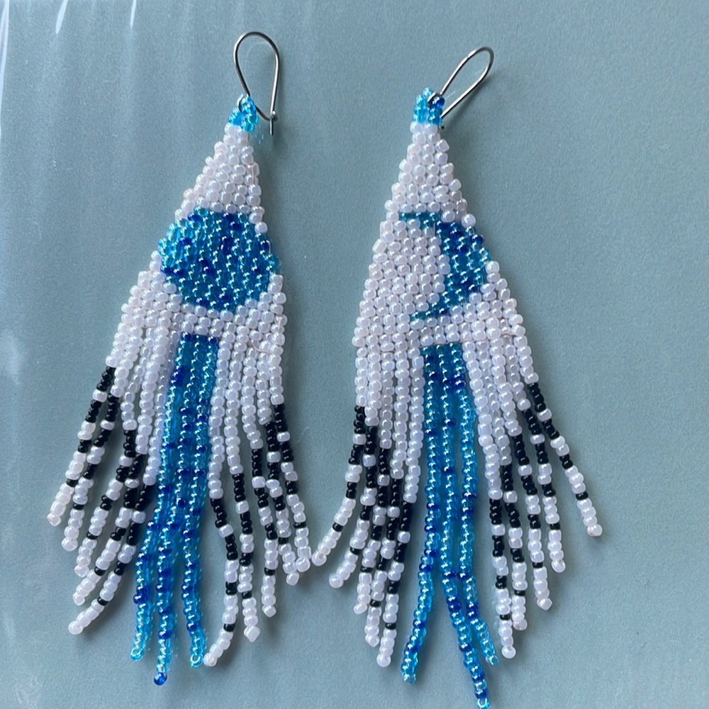 Blue moon full crescent glass beaded dangle earrings handmade unique original